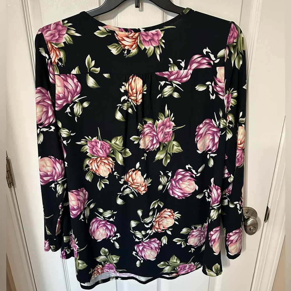 Black Floral Womens Blouse 2X Babydoll Bohemian Fairy Cottagecore Peasant Flowy - Picture 3 of 8
